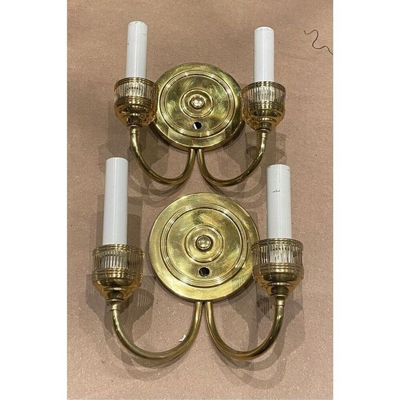 Antique Pair of Classic Double-Arm Wall Sconces Polished Brass Finish Transition - Picture 1 of 5